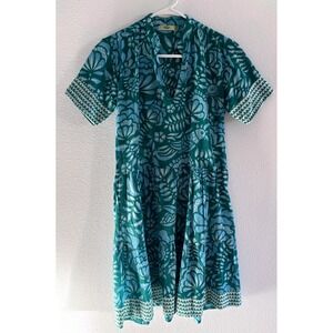 Dolma Dress Womens Large Green Blue Floral Cotton‎ Midi Short Sleeve Prairie